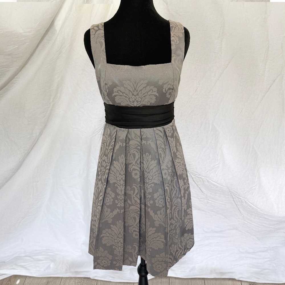 Silver and Black Satin Trim Empire Waist Mini Dress
